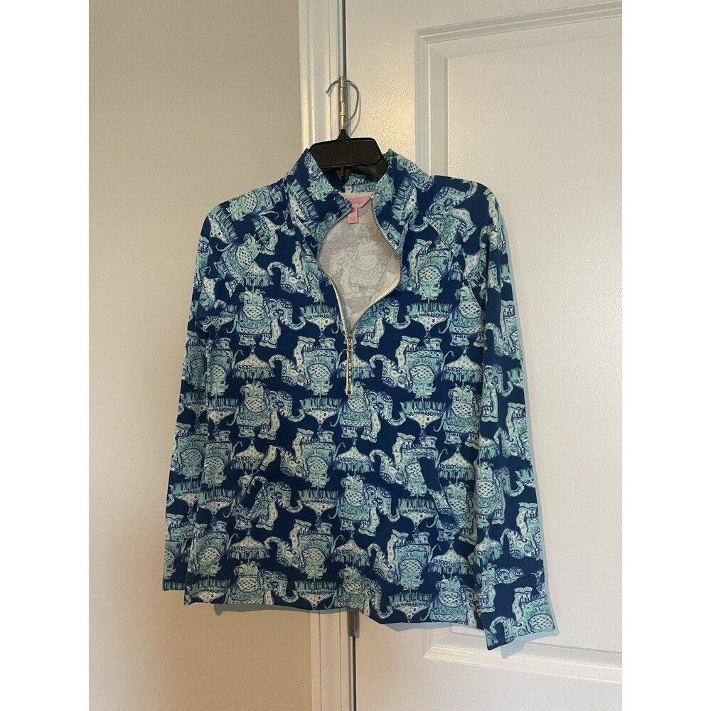 LILLY PULITZER Skipper Popover Size Small Get Trunky Blue Elephants ½ Zip Women